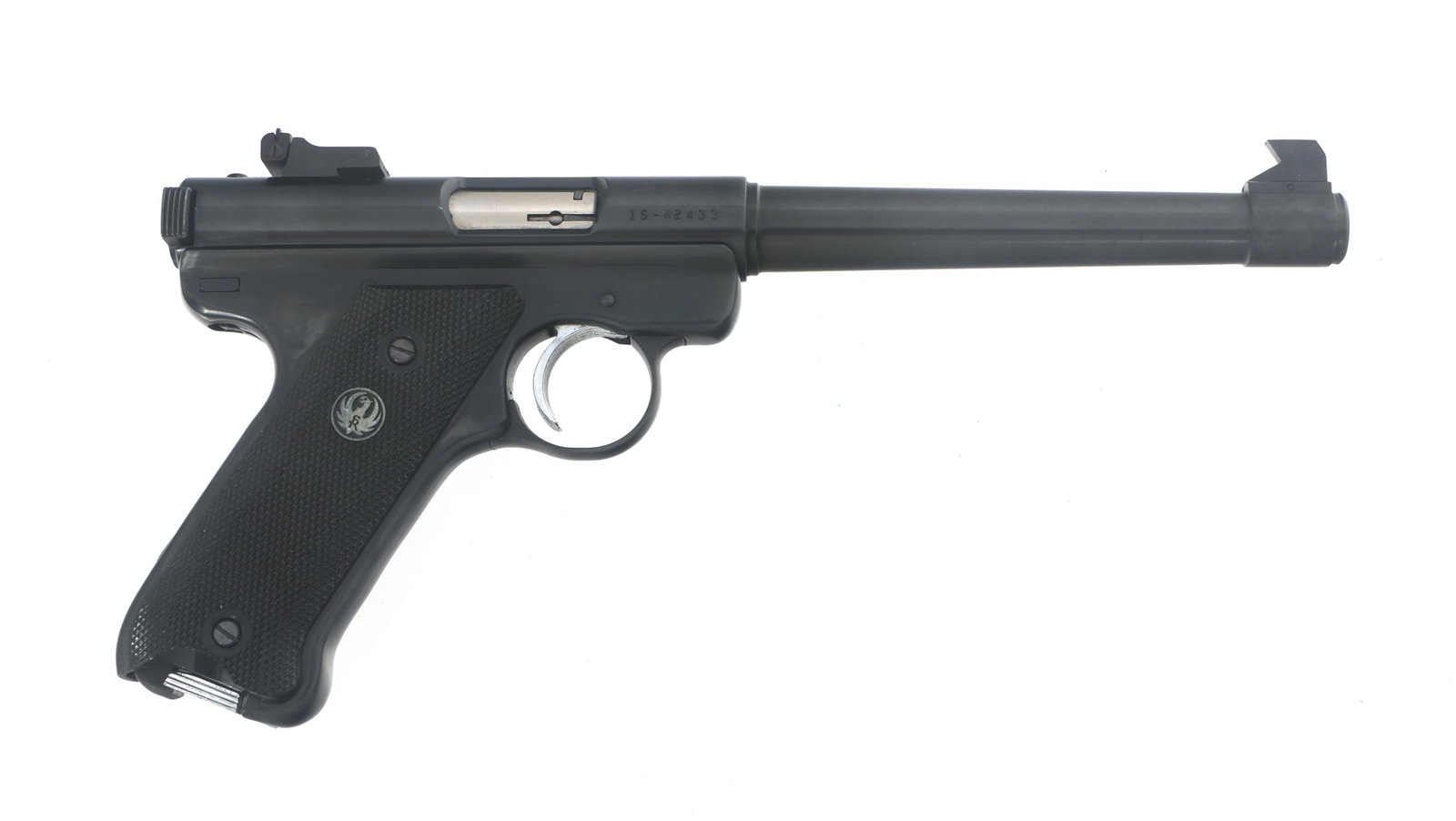 RUGER MARK I 22 LR CALIBER TARGET PISTOL: RUGER MARK I 22 LR CALIBER TARGET PISTOL Ruger Model Mark I 22 LR caliber semi automatic target pistol. Adjustable rear sight. Checkered composite grips. One magazine. Owners manual. Cardboard Ruger b