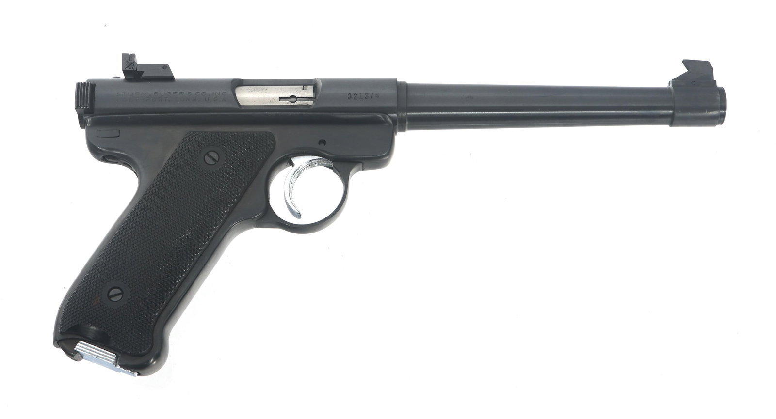 RUGER MODEL MARK I .22 LR CALIBER TARGET PISTOL: RUGER MODEL MARK I .22 LR CALIBER TARGET PISTOL Ruger Mark I .22 LR caliber semi automatic target pistol. Blued finish. Adjustable rear sight. Checkered composite Ruger grips. One magazine. Caliber / 
