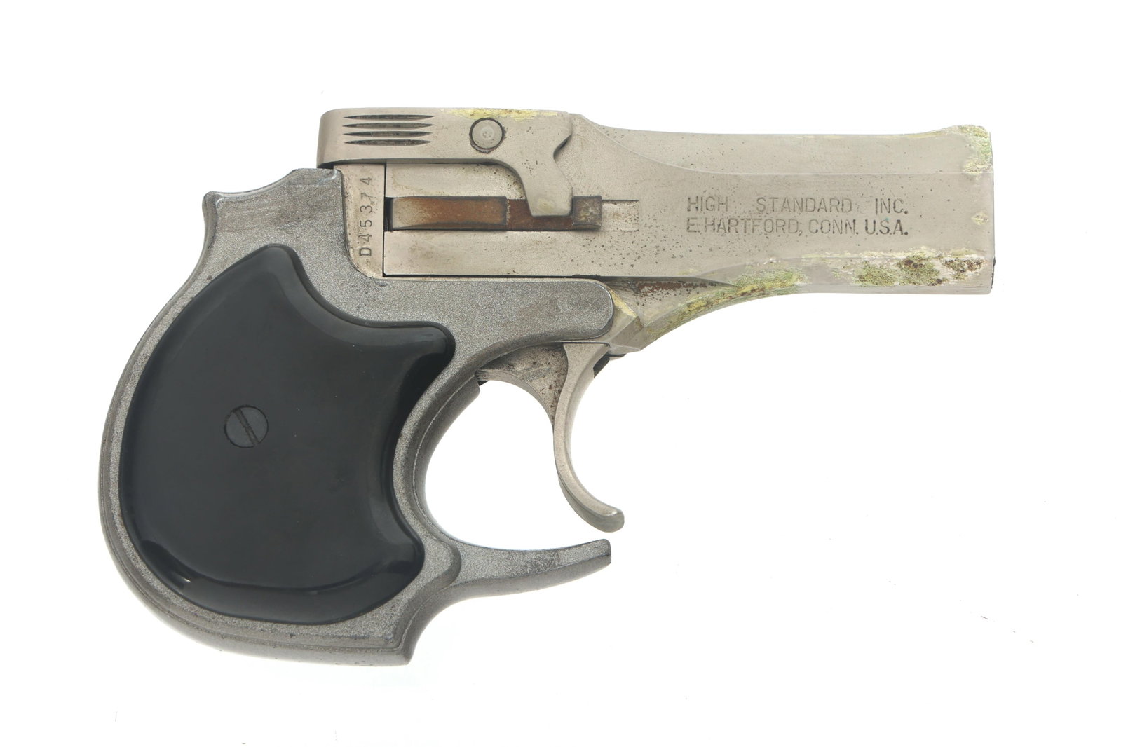 HIGH STANDARD MODEL DM-101 .22 MAG CAL DERRINGER: HIGH STANDARD MODEL DM-101 .22 MAG CAL DERRINGER High Standard Model DM-101 .22 mag cal derringer. Matte stainless steel finish. Composite grips. Caliber / Gauge: 22 Magnum Barrel Length: 3.50"