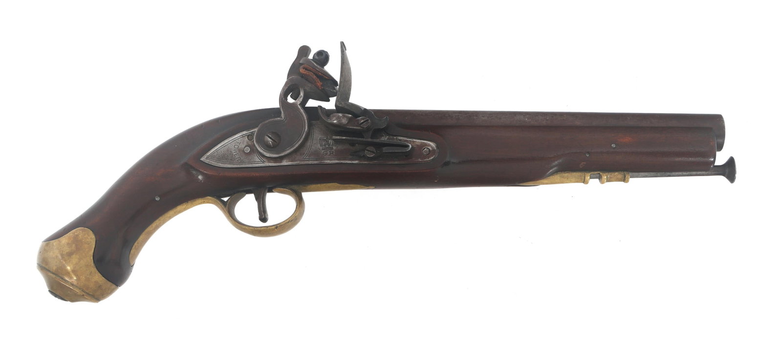 MODERN JAPANESE EIG .69 CALIBER FLINTLOCK PISTOL: MODERN JAPANESE EIG .69 CALIBER FLINTLOCK PISTOL Modern Japanese EIG .69 caliber flintlock pistol. Left side of barrel stamped Japan EIG. Lockplate stamped Tower and Crown over GR. Ramrod. Brass