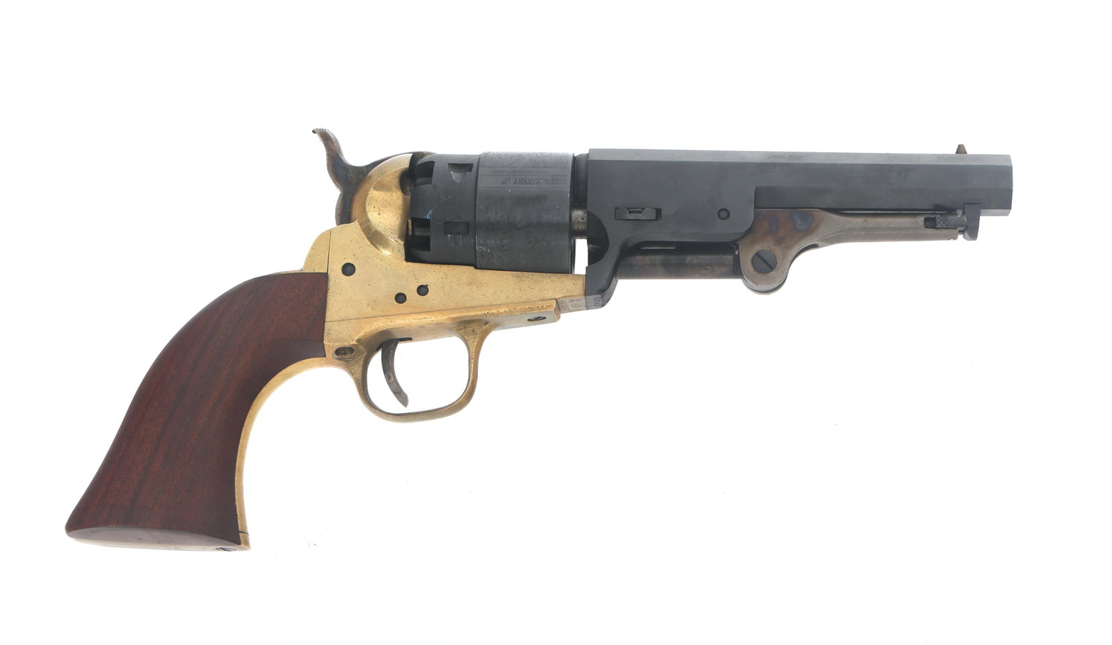 ASM MODEL 1851 NAVY .44 CAL PERCUSSION REVOLVER: ASM MODEL 1851 NAVY .44 CAL PERCUSSION REVOLVER Armi San Marco Model 1851 Navy .44 caliber percussion revolver. Naval scene stamped on cylinder. Blued finish on barrel and cylinder. Brass frame,