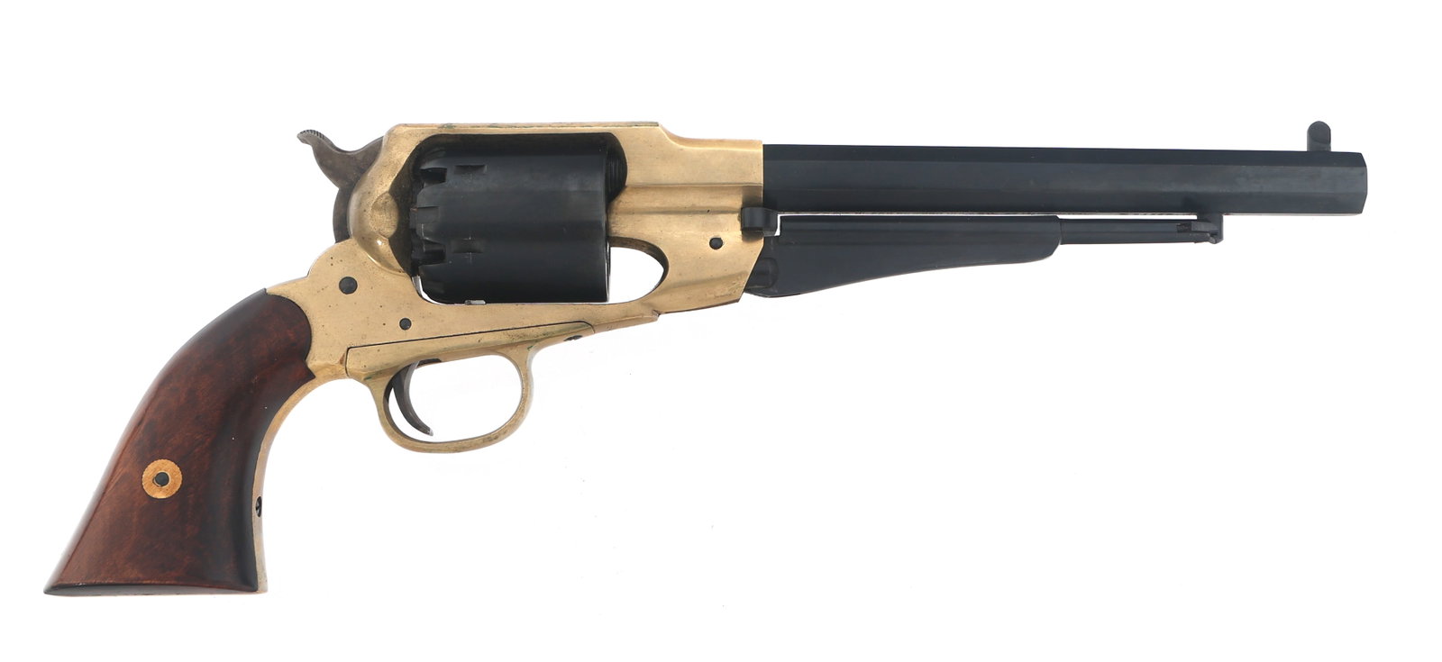 ASM MODEL 1858 .44 CALIBER SA REVOLVER: ASM MODEL 1858 .44 CALIBER SA REVOLVER Armi San Marco Model 1858 .44 caliber percussion SA revolver. 8 inch octagonal barrel. Six-shot smooth cylinder. Wood grips. Fixed sights. Brown leather