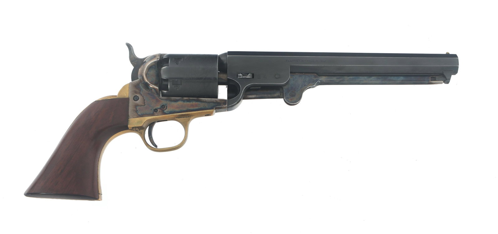 PIETTA MODEL 1851 NAVY .36 CAL PERCUSSION REVOLVER: PIETTA MODEL 1851 NAVY .36 CAL PERCUSSION REVOLVER Pietta Model 1851 Navy .36 caliber percussion revolver. Naval scene engraved in cylinder. Blued finish. Case hardened frame. Brass trigger guard and