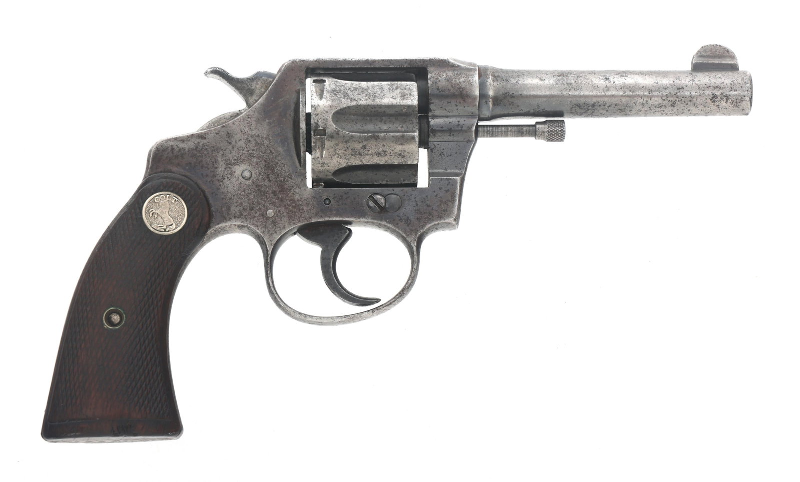 COLT MODEL POLICE POSITIVE .38 CAL DA REVOLVER: COLT MODEL POLICE POSITIVE .38 CAL DA REVOLVER 1915 Colt Model Police Positive .38 Police caliber DA revolver. Blued finish. Serial numbers match on frame and crane arm. Fixed sights. 6 shot fluted ba