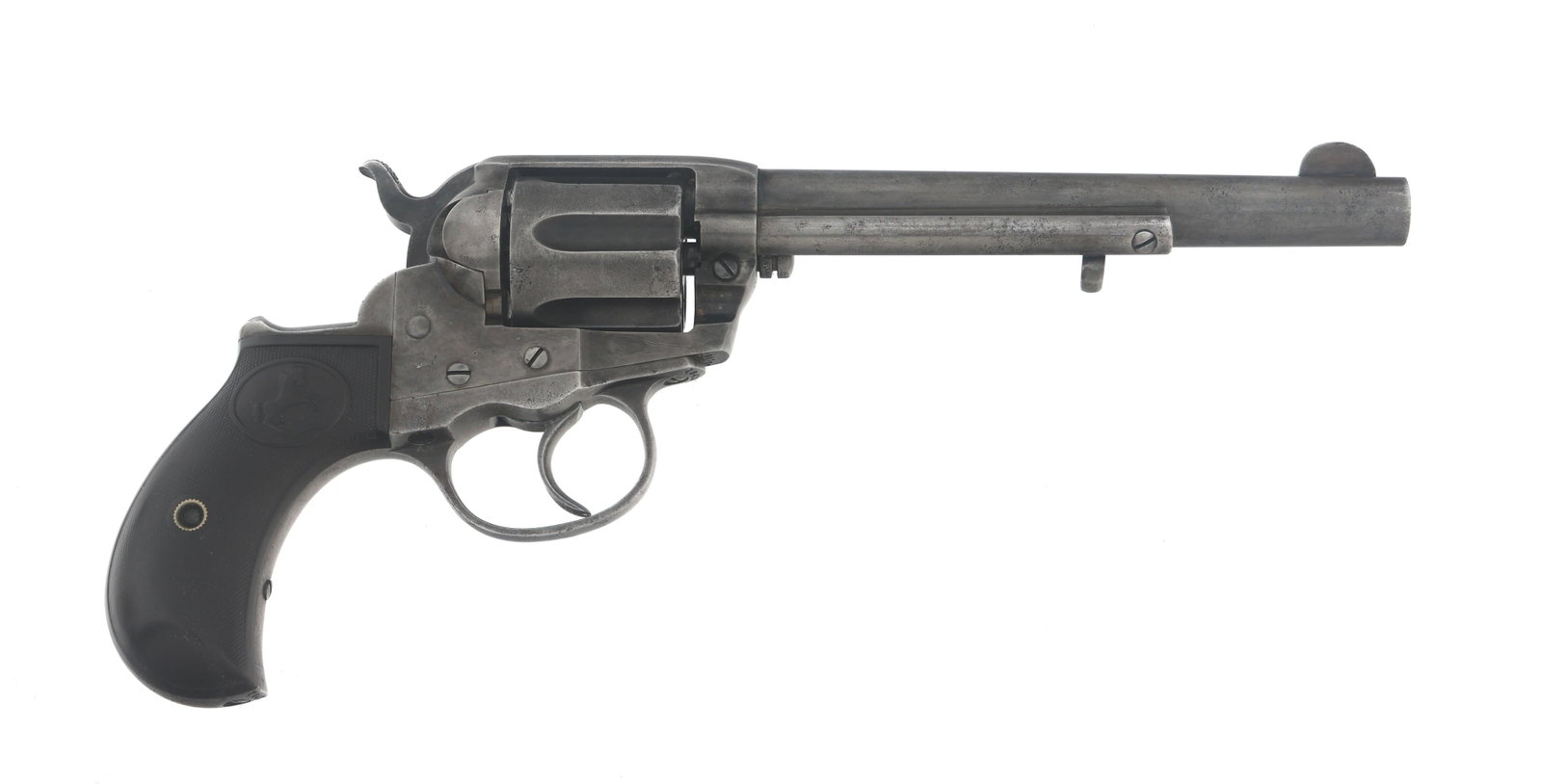 COLT MODEL 1877 THUNDERER .41 CALIBER DA REVOLVER: COLT MODEL 1877 THUNDERER .41 CALIBER DA REVOLVER 1908 Colt Model Thunderer .41 caliber DA revolver. Serial number matches on frame, trigger guard, and butt. Loading gate numbered 433. 52 stamped over