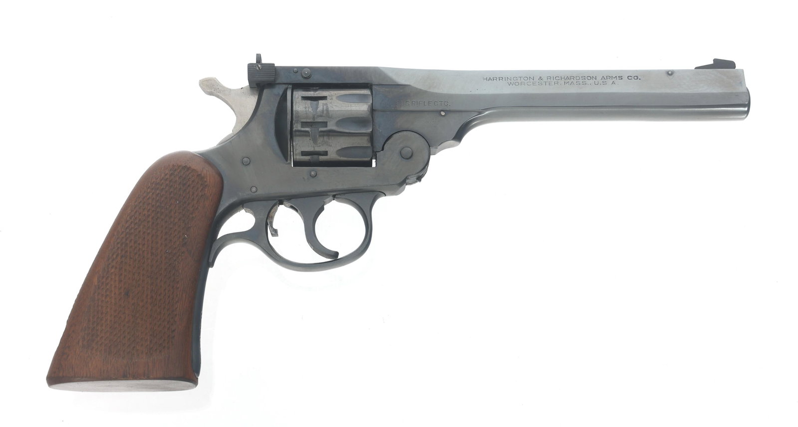 H&R MODEL 999 SPORTSMAN .22 LR CALIBER REVOLVER: H&R MODEL 999 SPORTSMAN .22 LR CALIBER REVOLVER Harrington & Richardson Model 999 Sportsman .22 LR caliber double action 9 shot top break revolver. Blued finish. Fixed sights. Checkered hardwood grips