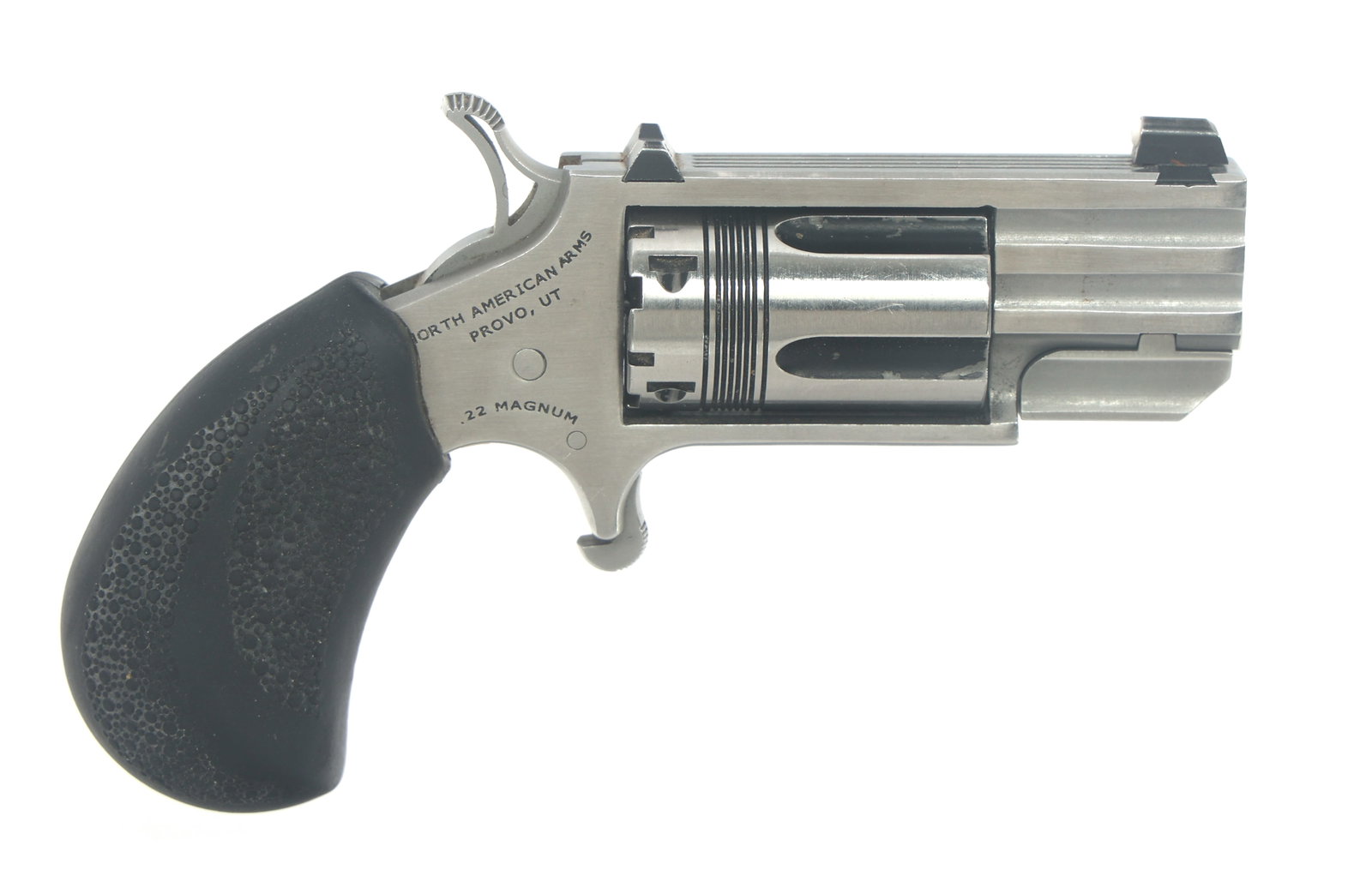 NORTH AMERICAN ARMS PUG .22 MAGNUM CAL REVOLVER: NORTH AMERICAN ARMS PUG .22 MAGNUM CAL REVOLVER North American Arms Model Pug .22 Magnum caliber SA revolver. Nickel finish. White dot front sight. Five shot fluted cylinder. Rubber grip. Caliber /
