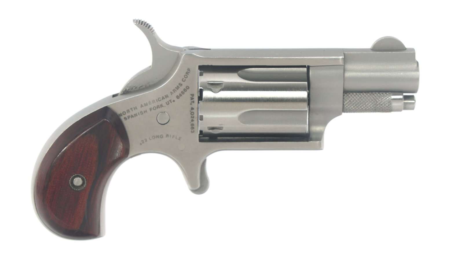 NORTH AMERICAN ARMS NAA-22-LR .22 LR CAL REVOLVER: NORTH AMERICAN ARMS NAA-22-LR .22 LR CAL REVOLVER North American Arms Model NAA-22-LR .22 LR caliber single action revolver. Stainless steel finish. Hardwood grips. Caliber / Gauge: 22 LR Barrel