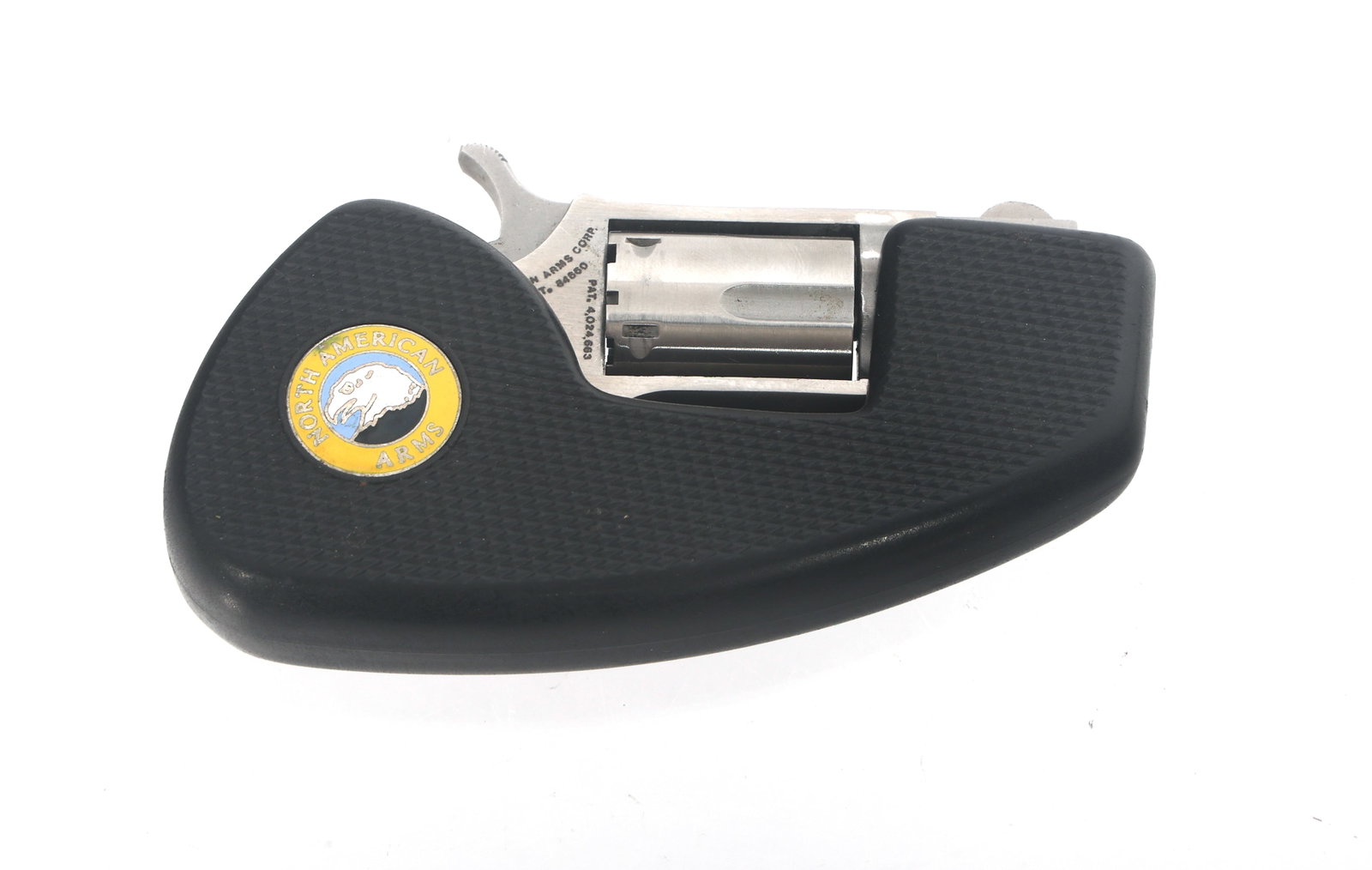 NORTH AMERICAN ARMS NAA-22LR-HG .22 LR REVOLVER: NORTH AMERICAN ARMS NAA-22LR-HG .22 LR REVOLVER North American Arms Model NAA-22LR-HG .22 LR caliber SA revolver. Fixed sights. Five-shot fluted cylinder. Polymer folding grip. Caliber / Gauge: 22 LR