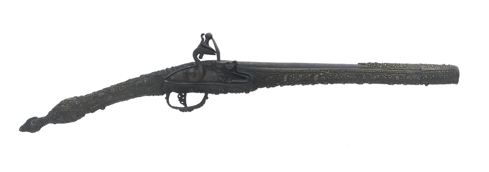 BALKAN .62 CALIBER RAT TAIL FLINTLOCK PISTOL: BALKAN .62 CALIBER RAT TAIL FLINTLOCK PISTOL Balkan rat tail flintlock pistol. Illegible mark on top of barrel. Decorated brass stock. Engraved lock plate. Caliber / Gauge: 62 Barrel Length: 12"