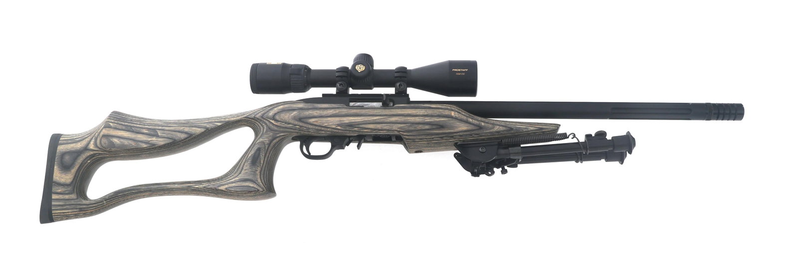 RUGER MODEL 10/22 .22 LR CALIBER SEMI AUTO RIFLE: RUGER MODEL 10/22 .22 LR CALIBER SEMI AUTO RIFLE Ruger Model 10/22 .22 LR caliber semi automatic rifle. Matte black finish. Tactical Solutions fluted barrel with threaded tip. Flash hider. Bipod. Boyd