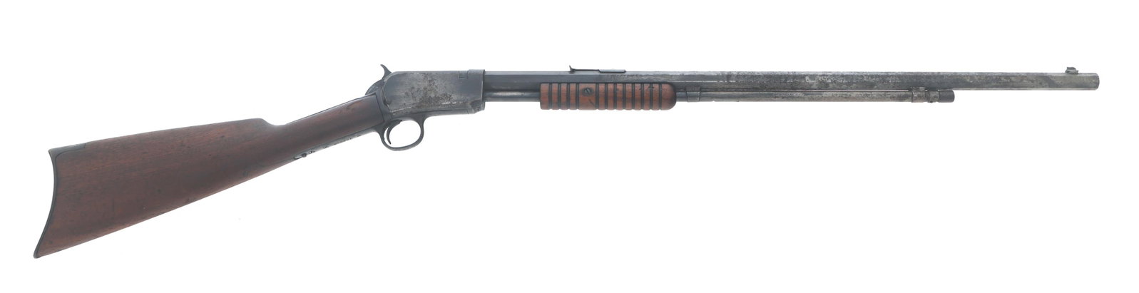 WINCHESTER MODEL 90 .22 LR CALIBER RIFLE: WINCHESTER MODEL 90 .22 LR CALIBER RIFLE 1926 Winchester Model 90 .22 LR caliber pump action rifle. Blued finish. Octagonal barrel. Missing rear sight elevation screw. Replaced butt stock. Metal butt 