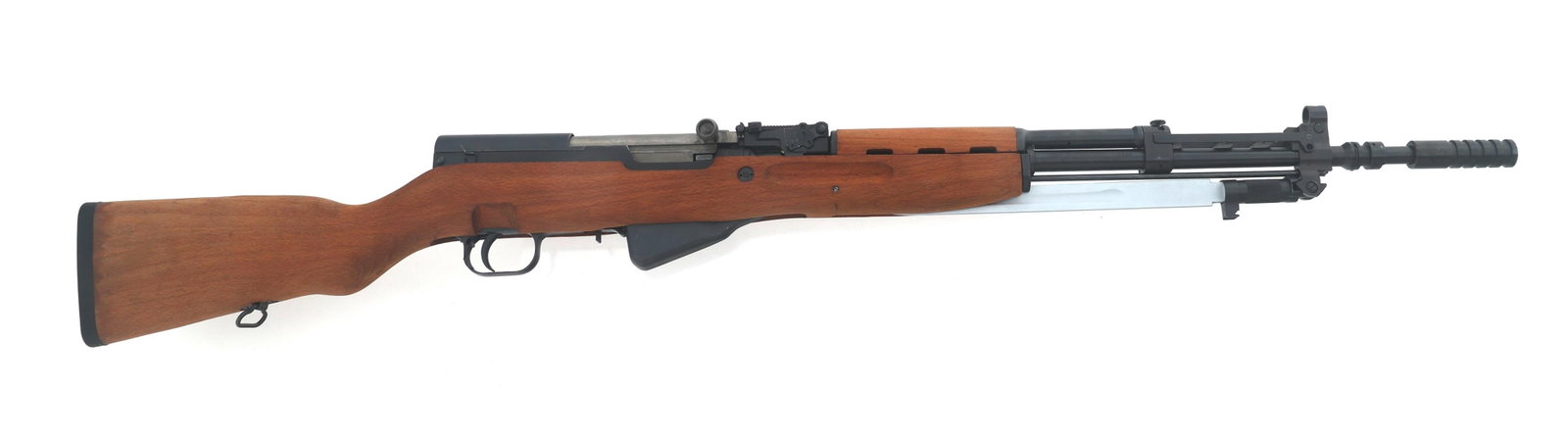 ZASTAVA MODEL 59/66 7.62x39mm CALIBER RIFLE: ZASTAVA MODEL 59/66 7.62x39mm CALIBER RIFLE Zastava Model 59/66 7.62x39mm caliber semi automatic rifle. Import stamped NI LLC. Hooded front sight. Adjustable rear sight. Folding bayonet. Flip up launc