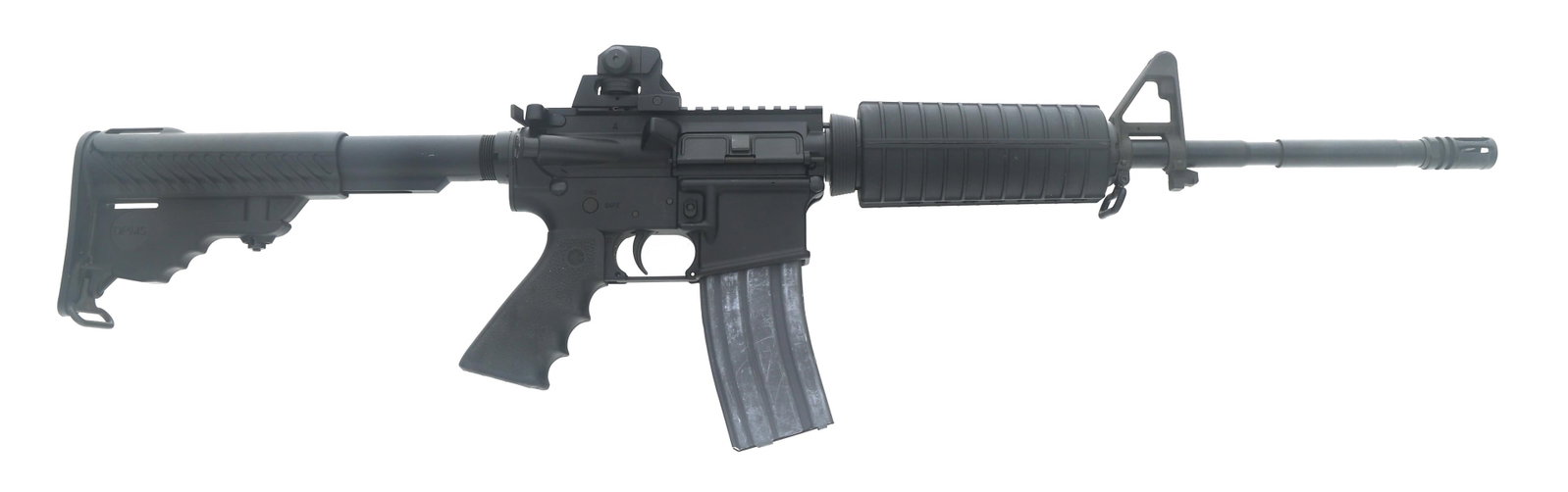 DPMS MODEL A-15 5.56mm CALIBER SEMI AUTO RIFLE: DPMS MODEL A-15 5.56mm CALIBER SEMI AUTO RIFLE DPMS Model A-15 5.56x45mm caliber semi automatic rifle. Matte black finish. Flat top receiver. A2 front sight. Adjustable rear sight. Bayonet lug. Compos