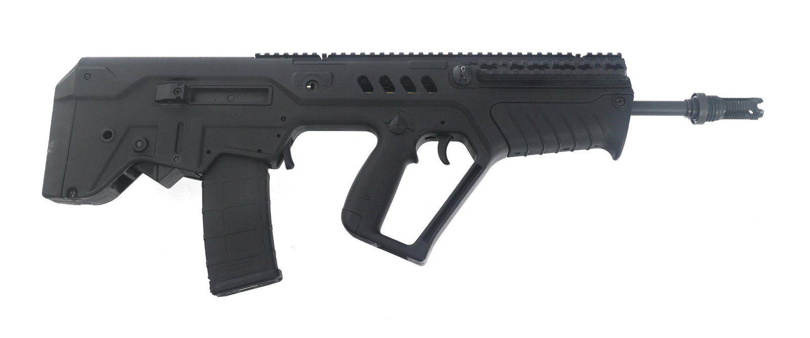 IWI MODEL TAVOR SAR IDF 5.56mm CAL BULLPUP RIFLE: IWI MODEL TAVOR SAR IDF 5.56mm CAL BULLPUP RIFLE IWI Model Tavor SAR IDF 5.56mm caliber bullpup rifle. Left handed. Polymer frame. Full flat top receiver. Single point sling. Two magazines. Cardboard 