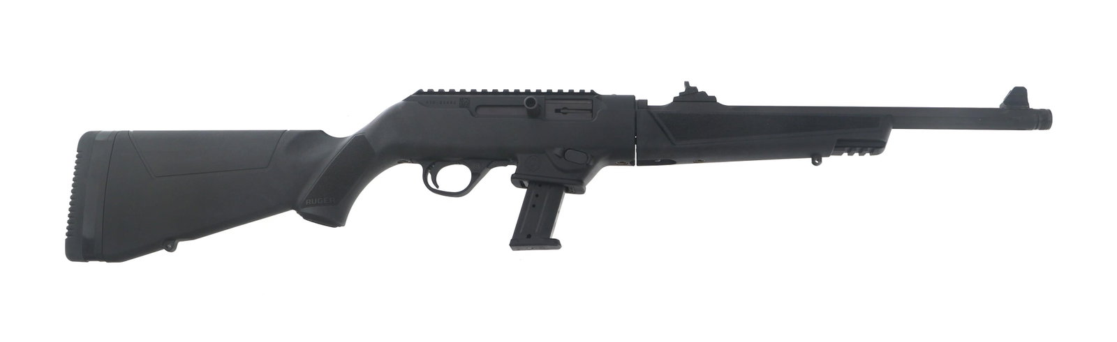 RUGER MODEL PC CARBINE 9x19mm CALIBER RIFLE: RUGER MODEL PC CARBINE 9x19mm CALIBER RIFLE Ruger Model PC Carbine 9x19mm caliber semi automatic rifle. Matte black finish. Protected front sight. Adjustable rear peep sight. Fluted barrel with thread