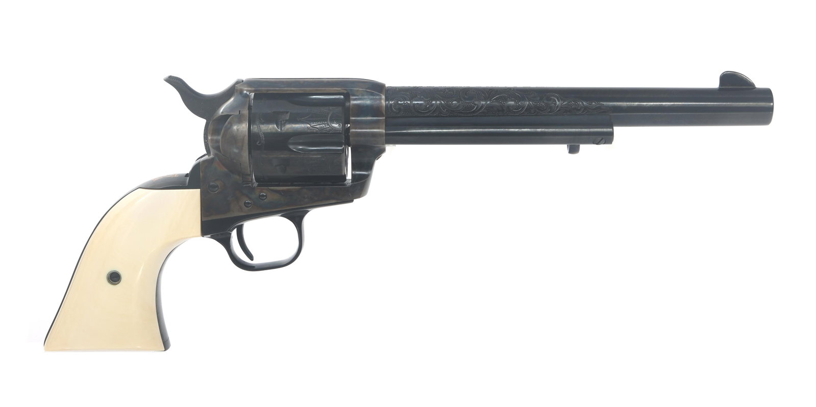 THEODORE ROOSEVELT COLT 1876 ARMY COMMEMORATIVE: THEODORE ROOSEVELT COLT 1876 ARMY COMMEMORATIVE Theodore Roosevelt Colt Model 1876 Army 44-40 caliber commemorative revolver. Engraved barrel and cylinder. Case hardened receiver and loading gate. Fau