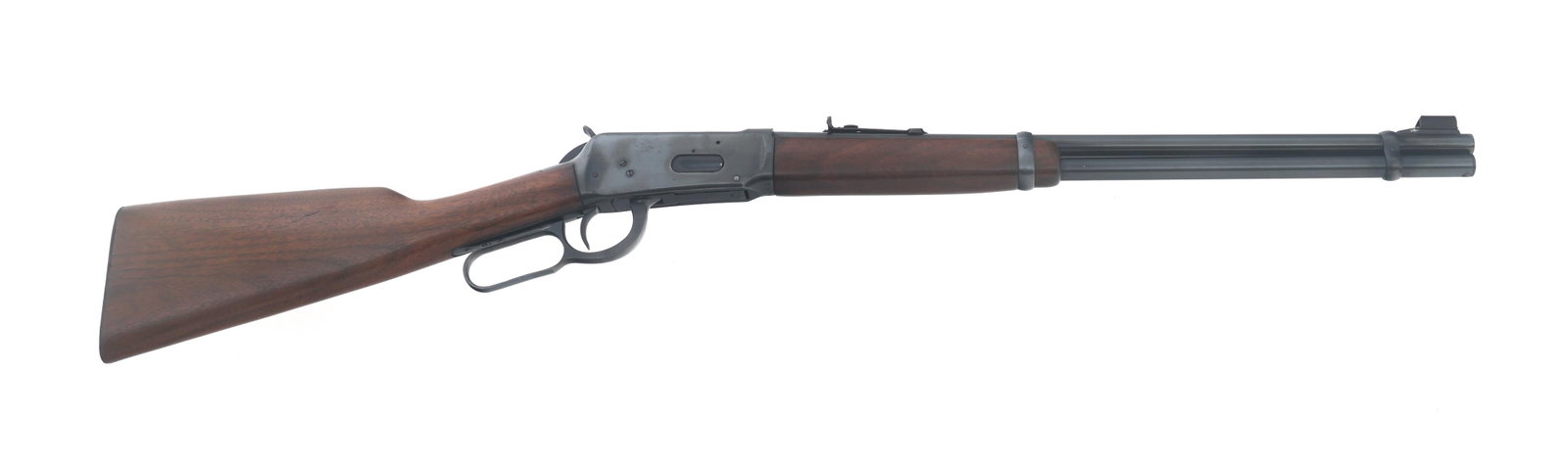 WINCHESTER MODEL 94 .30-30 LEVER ACTION CARBINE: WINCHESTER MODEL 94 .30-30 LEVER ACTION CARBINE 1959 Winchester Model 94 .30-30 caliber lever action carbine. Blued finish. Hooded front sight. Adjustable rear sight. Wood stock. Checkered butt plate.