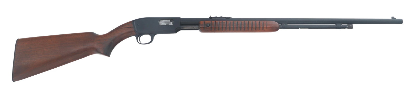 WINCHESTER MODEL 61 .22 CALIBER PUMP ACTION RIFLE: WINCHESTER MODEL 61 .22 CALIBER PUMP ACTION RIFLE Winchester Model 61 .22 S-L-LR caliber pump action rifle. Blued finish. Adjustable rear sight. Wood stock. Caliber / Gauge: 22 S-L-LR Barrel Length: 2