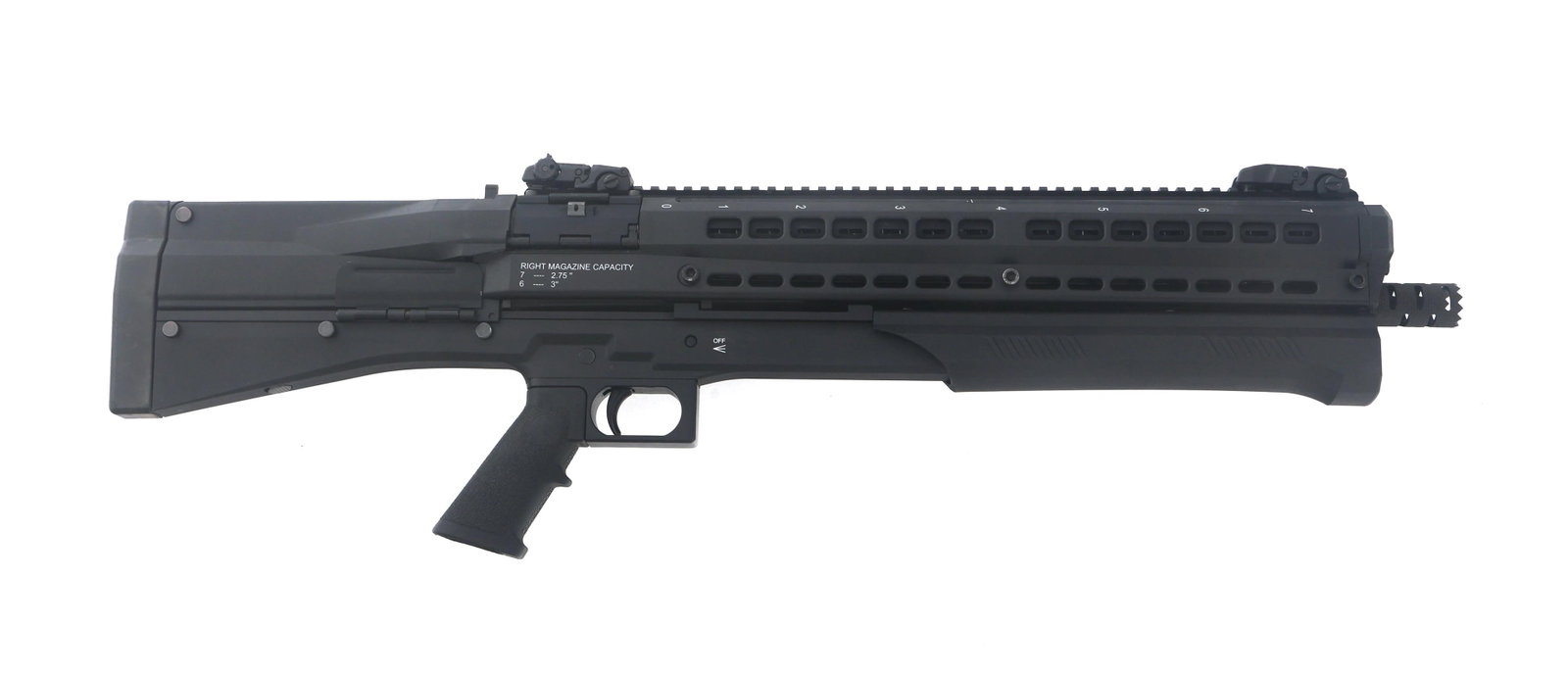 UTAS MODEL UTS-15 12 GA BULLPUP SHOTGUN: UTAS MODEL UTS-15 12 GA BULLPUP SHOTGUN UTAS Model UTS-15 12 gauge semi automatic shotgun. Import stamped UTAS-USA. Twin magazine tubes. 2.75" - 3" chamber. Matte black finish. Full flat top. Magpul M