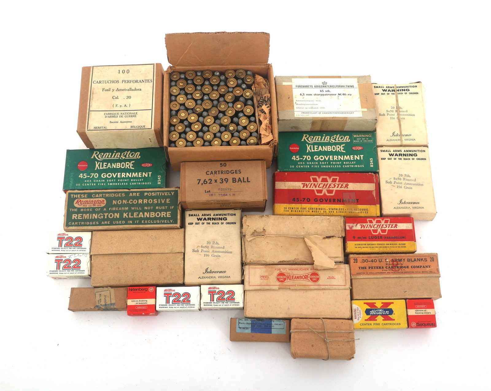 RIFLE AND PISTOL AMMUNITION - 40 POUNDS TGW: RIFLE AND PISTOL AMMUNITION - 40 POUNDS TGW Rifle and pistol ammunition - 40 pounds total gross weight. Calibers in clude .25 Auto, .41 Swiss, 8x50 Rimmed, .45-70 and more. Brands include Hirtenberg, 