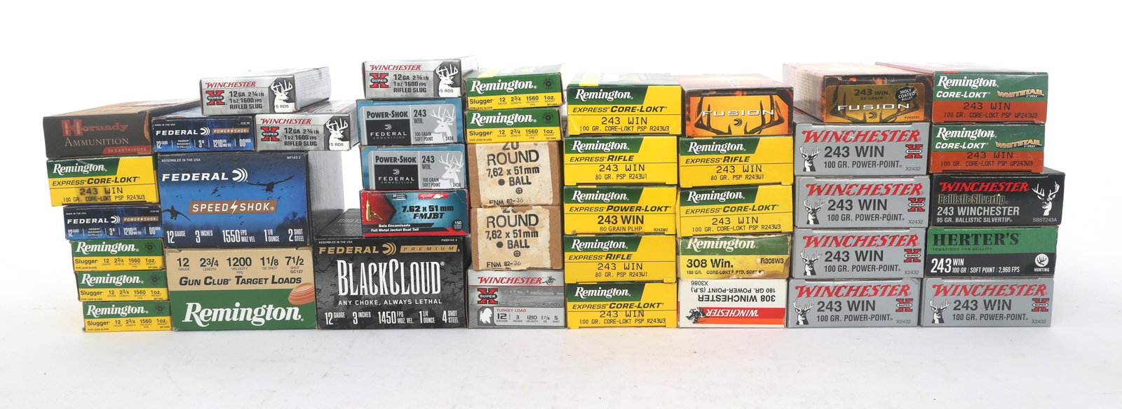 RIFLE AND SHOTGUN AMMUNITION - 41 POUNDS TGW: RIFLE AND SHOTGUN AMMUNITION - 41 POUNDS TGW Rifle and shotgun ammunition - 41 pounds total gross weight. Brands include Winchester, Remington, Federal and more. Calibers include .243 Win, .308 Win, 7