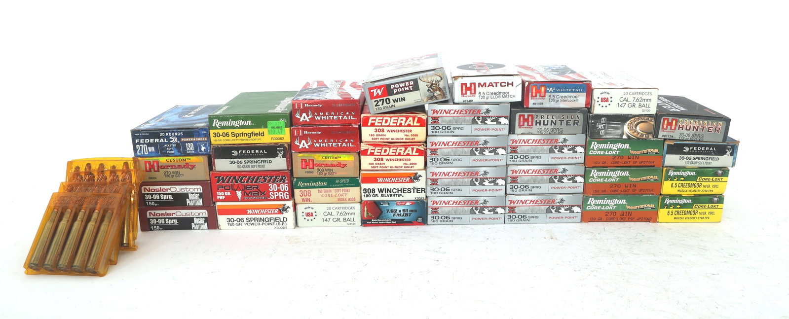 RIFLE AMMUNITION - 40 POUNDS TGW: RIFLE AMMUNITION - 40 POUNDS TGW Rifle ammunition - 40 pounds total gross weight. Brands include Federal, Winchester, Remington, Hornady and more. Calibers include .308 Win, 6.5 CM, .270 Win and .30-0