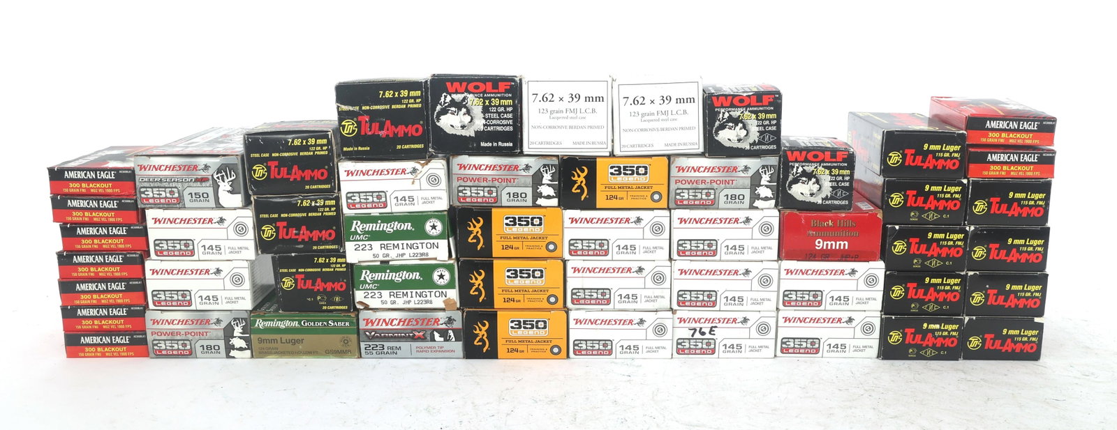RIFLE CALIBER AMMUNITION - 42 POUNDS TGW: RIFLE CALIBER AMMUNITION - 42 POUNDS TGW Rifle ammunition - 46 pounds total gross weight. Brands include Remington, Winchester, Wolf, Tula and more. Caliber include .350 Legend, .223, 7.62x39 and more