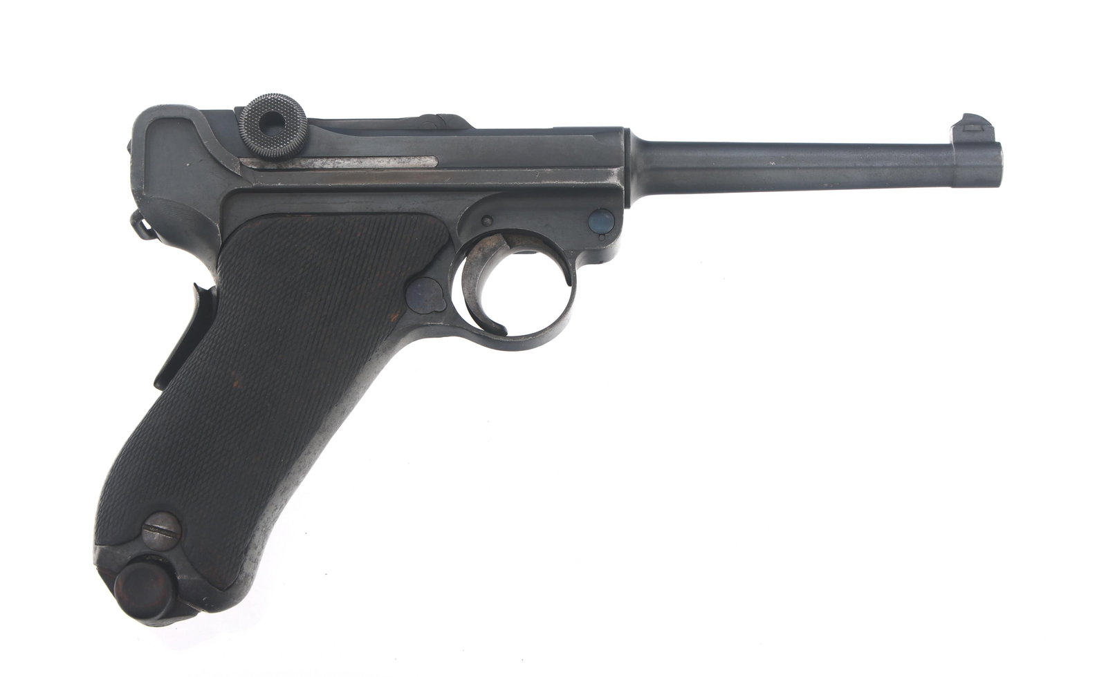 BRAZILIAN DWM MODEL 1906 7.65x21mm LUGER PISTOL: BRAZILIAN DWM MODEL 1906 7.65x21mm LUGER PISTOL Brazilian contract DWM Model 1906 7.65x21mm caliber semi automatic Luger pistol. No import stamp. Serial numbers match on frame, trigger, rear toggle. S