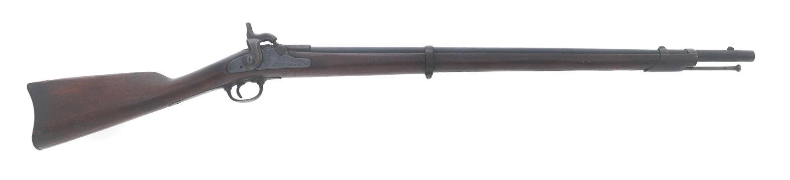 US NORRIS & CLEMENT MODEL 1863 TRAINING RIFLE: US NORRIS & CLEMENT MODEL 1863 TRAINING RIFLE U.S. Norris & Clement Model 1863 Training rifle. Side plate stamped 1864, Eagle - U.S., S.N. & W.T.C. - for - Massachusetts. Barrel has been replaced