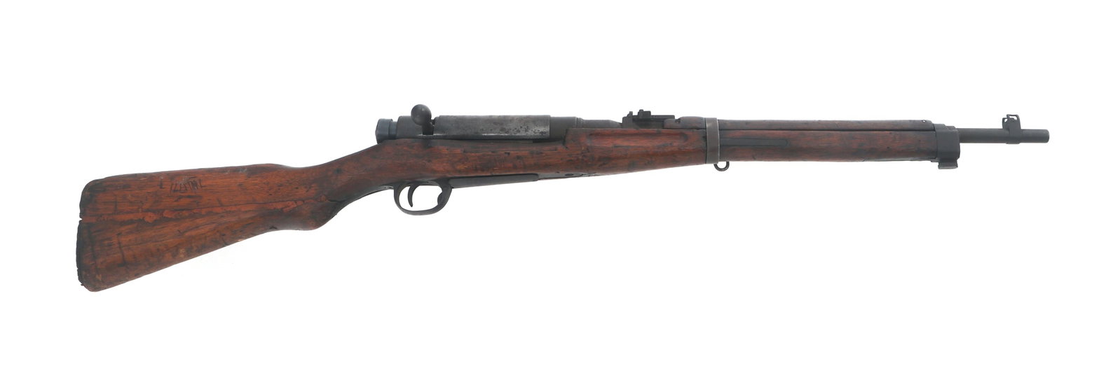 JAPANESE NAGOYA TYPE 38 6.5mm CALIBER RIFLE: JAPANESE NAGOYA TYPE 38 6.5mm CALIBER RIFLE Japanese Nagoya Type 38 6.5mm caliber bolt action carbine. No import stamp. Intact mum. Illegible series mark. Knurled safety. Protected front sight. Adjust
