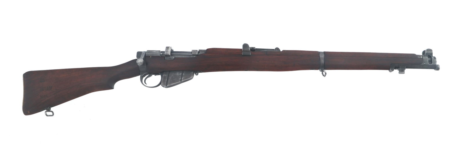 WWII AUSTRALIAN LITHGOW SMLE III* .303 CAL RIFLE: WWII AUSTRALIAN LITHGOW SMLE III* .303 CAL RIFLE 1943 WWII Australian Lithgow Model SMLE III* .303 caliber bolt action rifle. Serial numbers match on receiver, bolt handle, nose cap, and forend. Commo