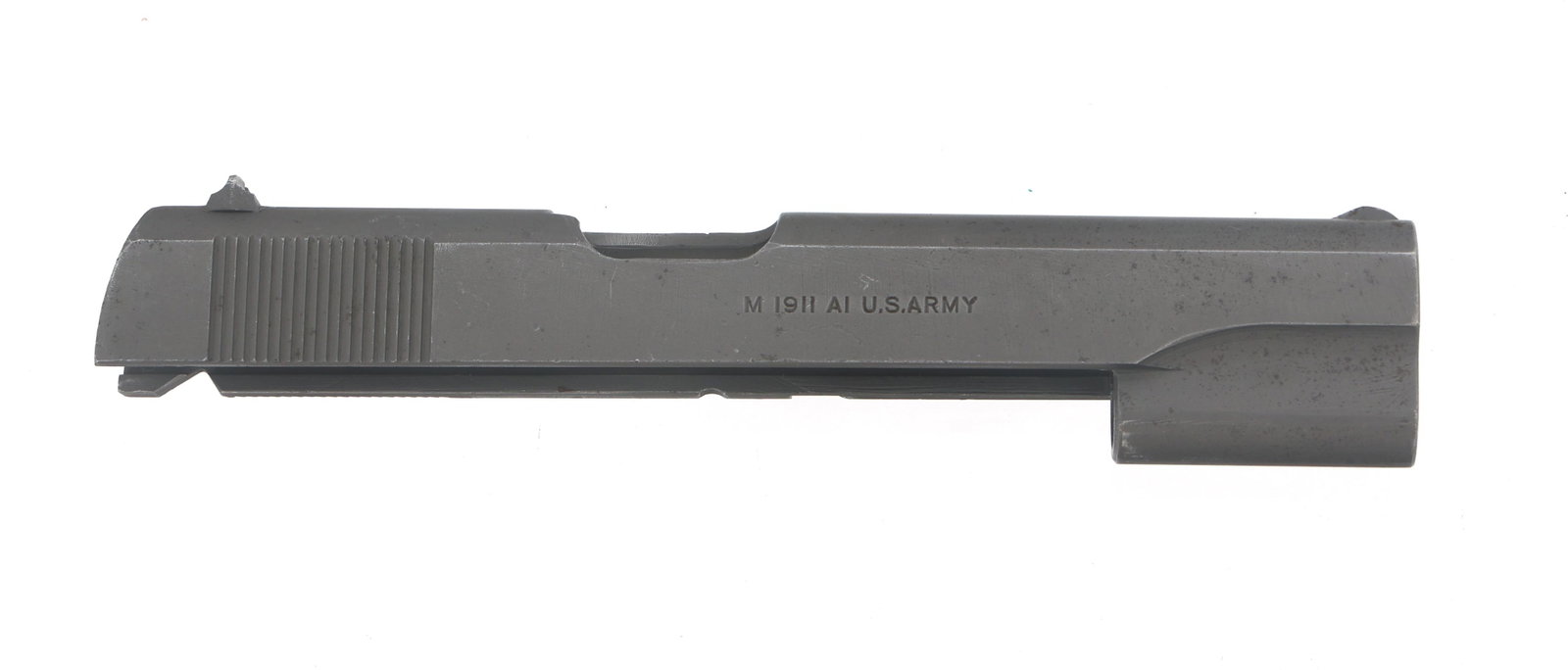 US ITHACA 1911A1 PISTOL SLIDE: US ITHACA 1911A1 PISTOL SLIDE US Ithaca 1911A1 pistol slide. Right side stamped M 1911A1 U.S. Army. P stamped on top. Flaming bomb stamped over firing pin hole.