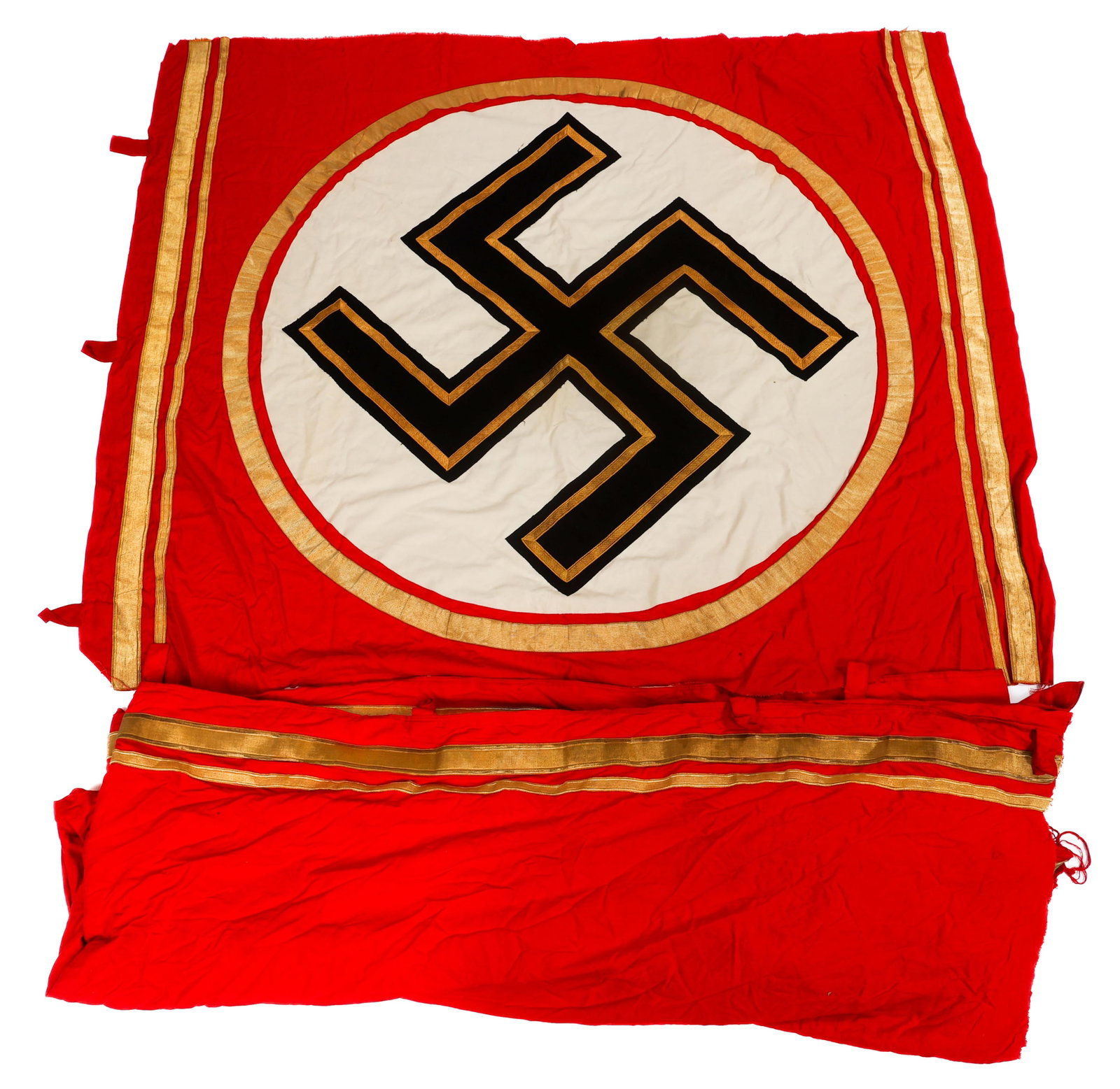WWII GERMAN LARGE NSDAP GOLD THREAD FLAG SECTIONS: WWII GERMAN LARGE NSDAP GOLD THREAD FLAG SECTIONS WWII German Large Gold Bullion NSDAP Cut Down Flag Sections. Double sided, multi piece cotton body and emblem with heavy gold bullion embroidery. Reve