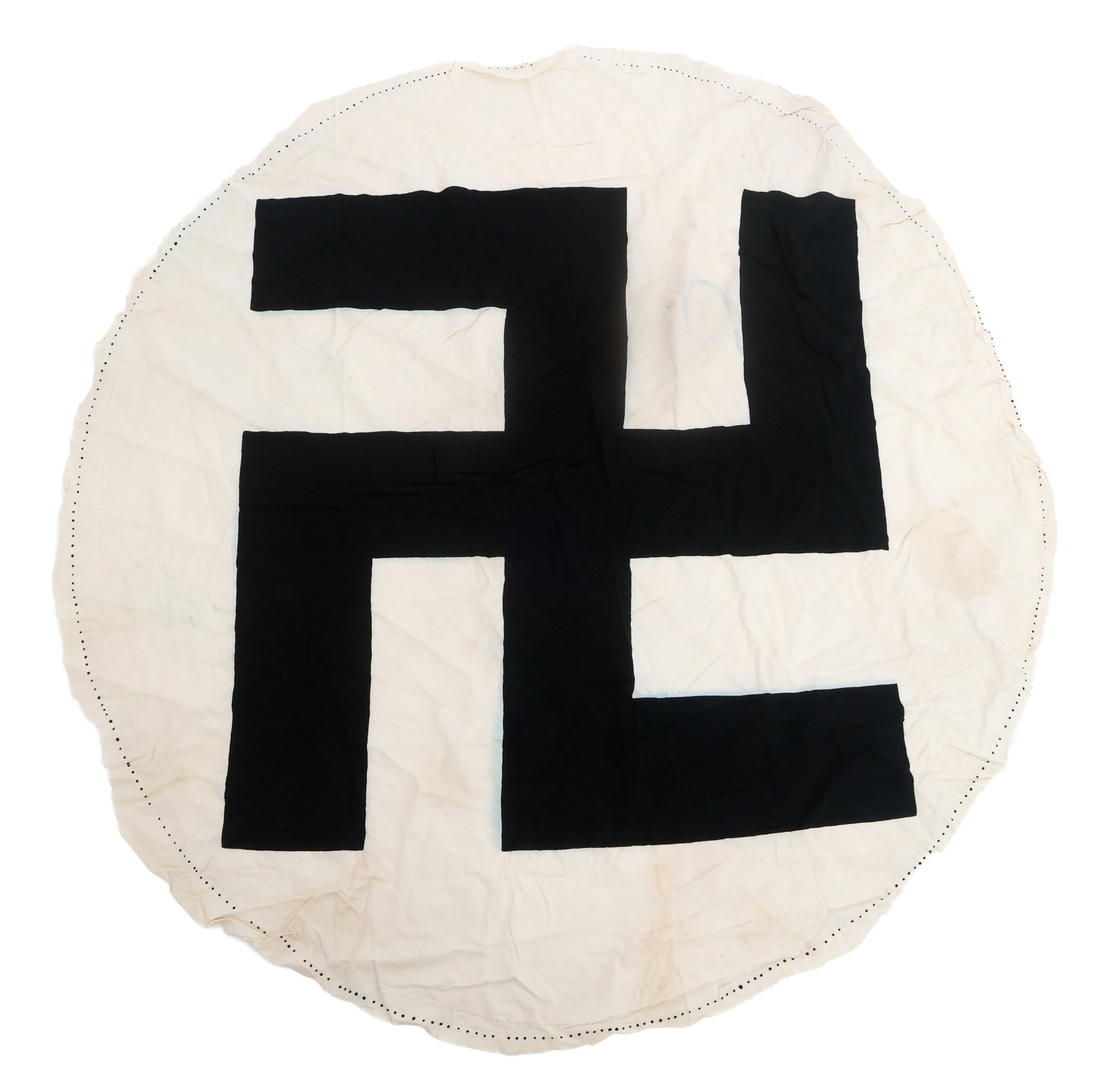 WWII GERMAN NSDAP FLAG CENTER EMBLEM: WWII GERMAN NSDAP FLAG CENTER EMBLEM WWII German NSDAP Flag Emblem. Cotton with printed emblem. No visible maker marks. Size: 43" in diameter