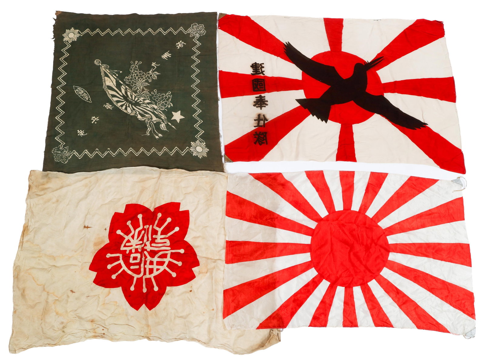 WWII JAPANESE NAVY & RISING SUN FLAGS: WWII JAPANESE NAVY & RISING SUN FLAGS WWII Imperial Japanese Navy and Rising Sun Flags. (1) IJN Standard Admiral Flag. Cloth with painted design and kanji characters. Reinforced corner tabs with