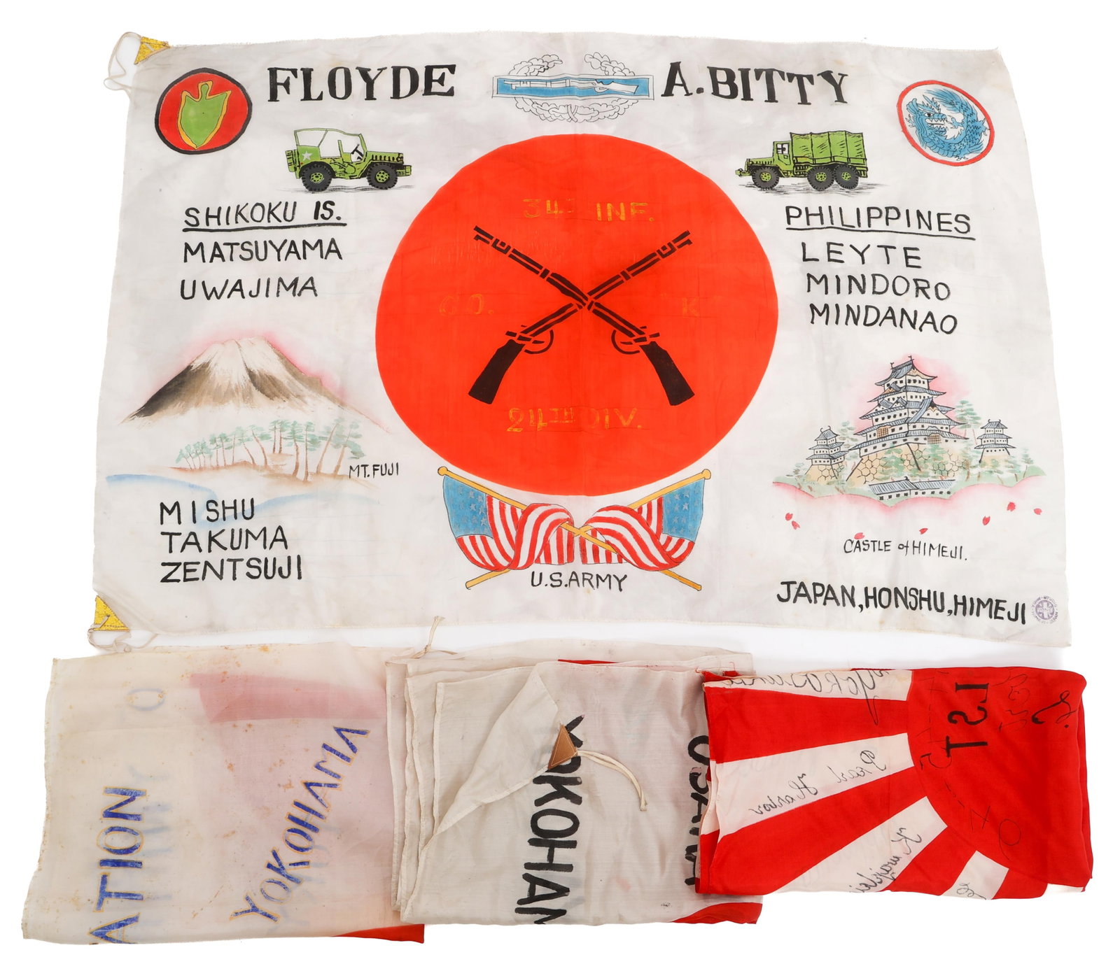 POST WWII US OCCUPATION OF JAPAN TOUR FLAGS: POST WWII US OCCUPATION OF JAPAN TOUR FLAGS 1940s US Army Occupation of Japan Marked GI Tour Flags. Double sided, single piece silk. Handwritten deployment locations, soldier's names, kanji, and more.