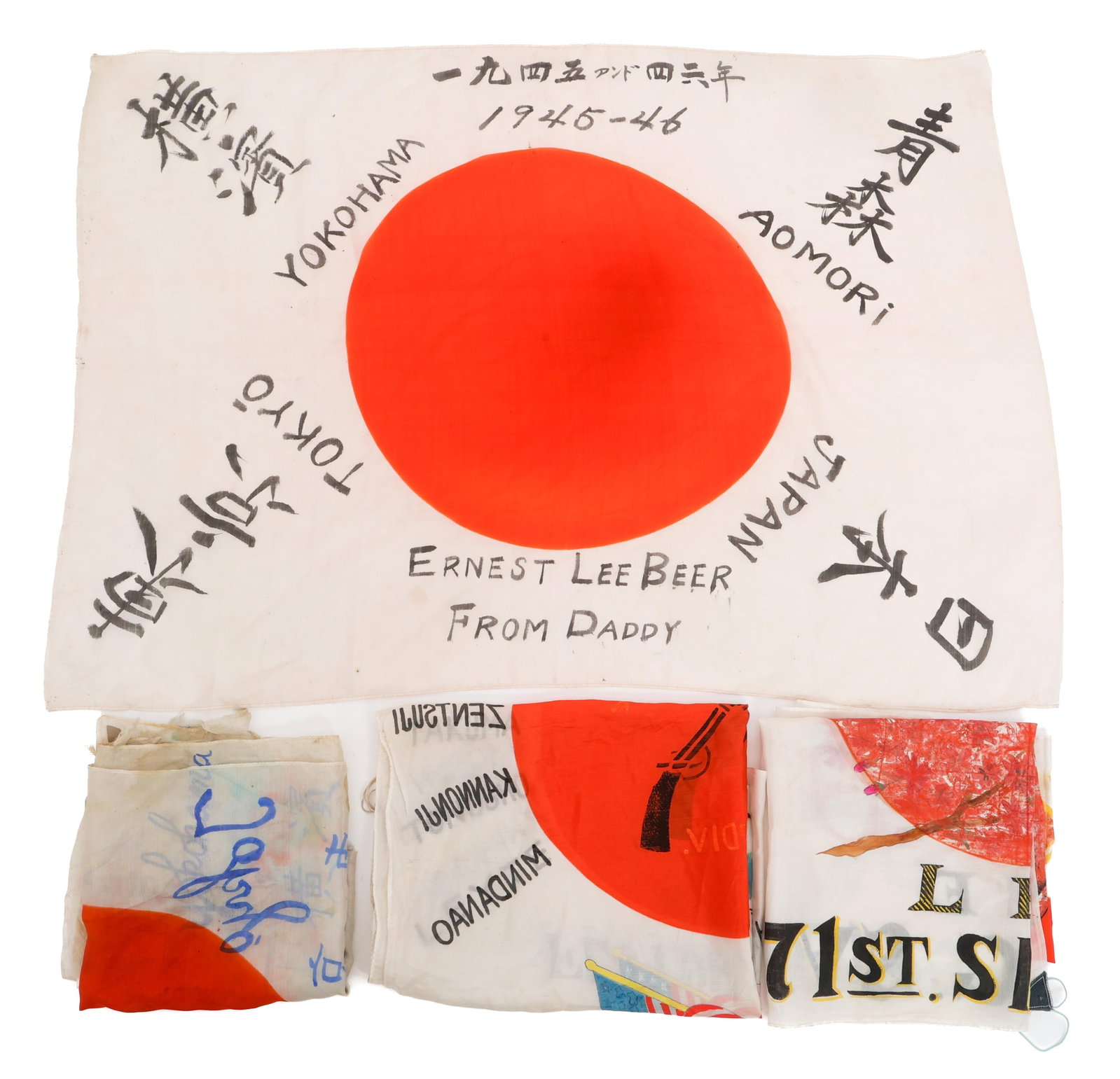 POST WWII US OCCUPATION OF JAPAN TOUR FLAGS: POST WWII US OCCUPATION OF JAPAN TOUR FLAGS Post WWII US Army of Occupation Unit Marked GI Tour Flags. Single piece silk. Handwritten deployment locations, soldier's names, kanji, and more. One with b