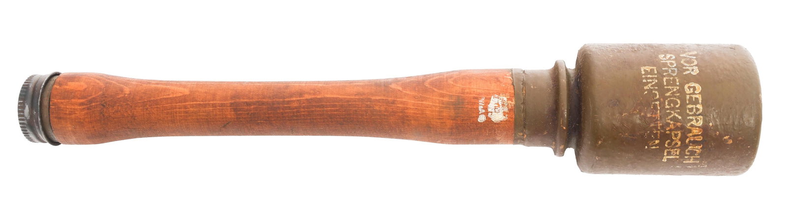 WWII GERMAN M24 STICK GRENADE: WWII GERMAN M24 STICK GRENADE WWII German M24 "Potato Masher" Stick Grenade. Ink stamped Vor Gebrauch Sprengkapsel Einbetten on shell. Eagle stamp on handle and top of shell. Screw cap. Size: 14"