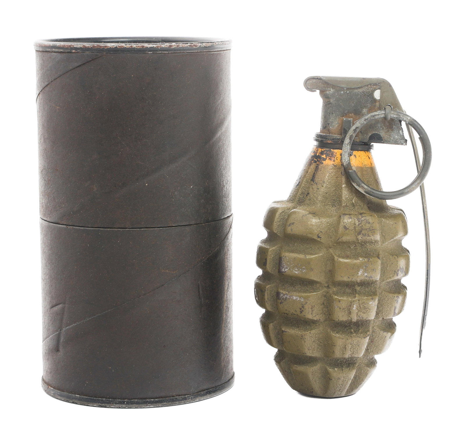 WWII US MKII FRAGMENTATION GRENADE & STORAGE TUBE (1 of 9)