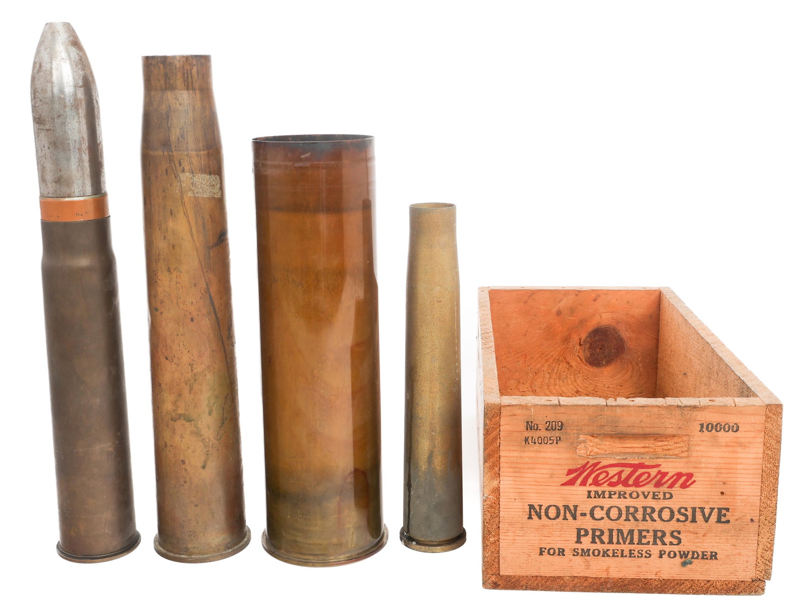 WWII - VIETNAM WAR ORDNANCE SHELLS & CRATE: WWII - VIETNAM WAR ORDNANCE SHELLS & CRATE WWII to Vietnam War Ordnance Shells and Ammunition Primers Crate. (1) 105mm Shell. Dated 1969. (1) 40mm Shell. (1) 55mm Round. (1) 60mm Shell (1) Wooden Prim