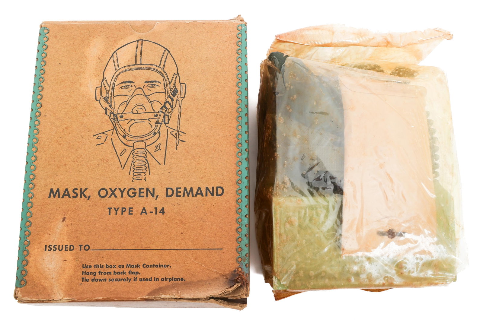 WWII USAAF TYPE A-14 OXYGEN MASK & ORIGINAL BOX: WWII USAAF TYPE A-14 OXYGEN MASK & ORIGINAL BOX WWII US Army Air Force Unissued Type A-14 Oxygen Mask and Original Box. Box has been opened, but mask is still sealed in original packaging. Maker