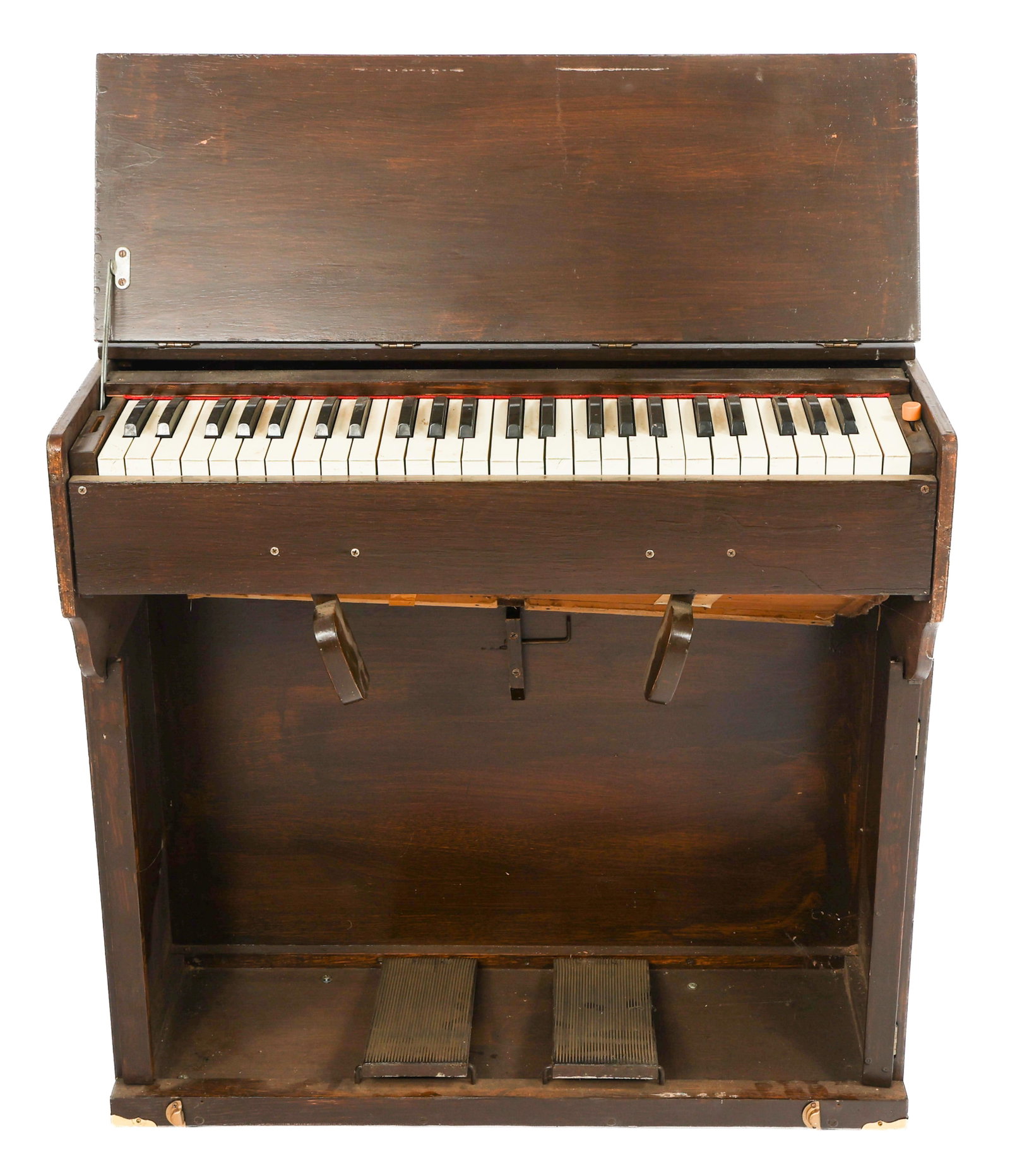 MID 20th CENTURY FOLDING ORGAN: MID 20th CENTURY FOLDING ORGAN Mid 20th Century Folding Organ. Wood box with brass latches. No visible markings. Size: 31 1/2" x 11 1/2" x 20"
