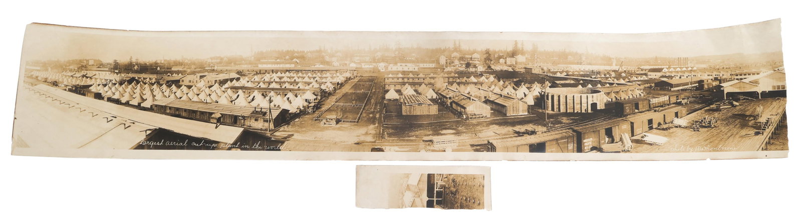 WWI US SPRUCE PRODUCTION DIVISION YARD LONG PHOTO: WWI US SPRUCE PRODUCTION DIVISION YARD LONG PHOTO WWI US Spruce Production Division Panoramic Yard Long Photo. Titled "Longest aerial cut up plant in the world." Maker marked in corner. Size: 48" x 8"