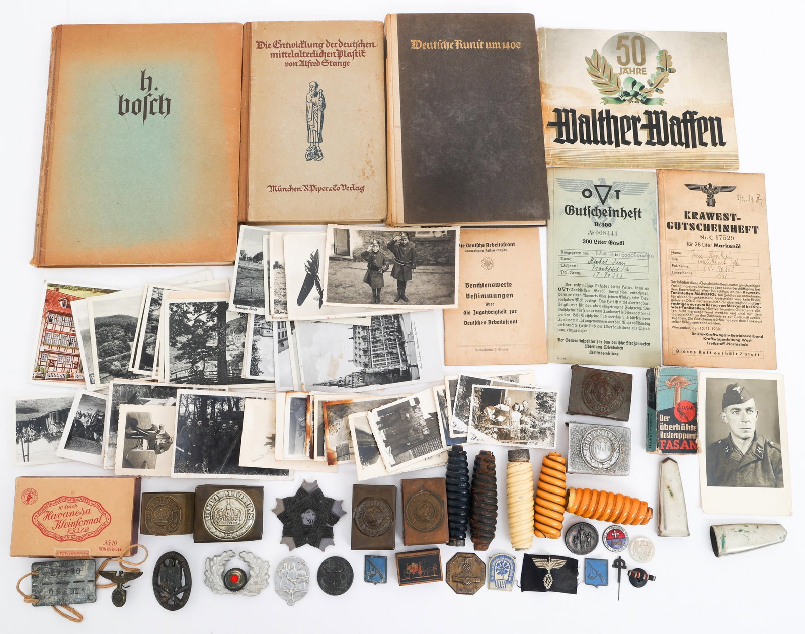 WWI - WWII GERMAN BOOK, DAGGER PARTS BONANZA: WWI - WWII GERMAN BOOK, DAGGER PARTS BONANZA WWI - WWII German Book, Belt Buckles, Photos, and Knife Parts Bonanza. Includes (3) Pre-WWII German Christian History Books. (1) 1936 Walther 50 Years of F