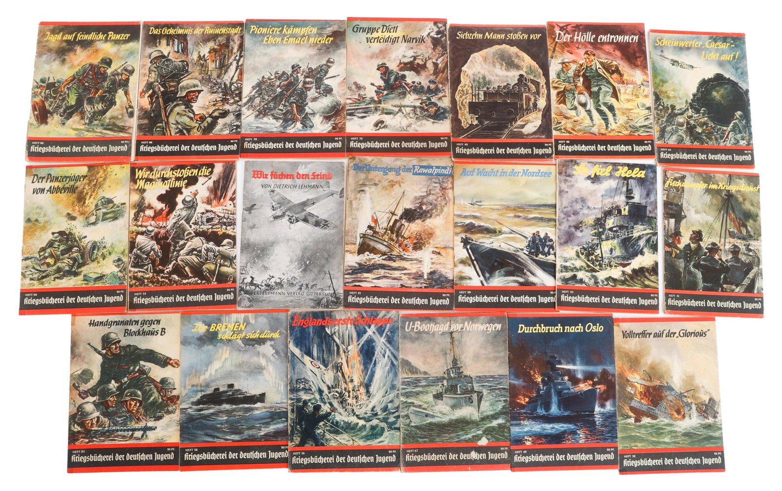 WWII GERMAN HITLER YOUTH KRIEGSBUCHEREI BOOKS: WWII GERMAN HITLER YOUTH KRIEGSBUCHEREI BOOKS WWII German Propaganda Books. Most are issues of Kriegsbucherei der deutschen Jugend. Also includes We Search for the Enemy booklet. Size: 6" x 8 1/2"