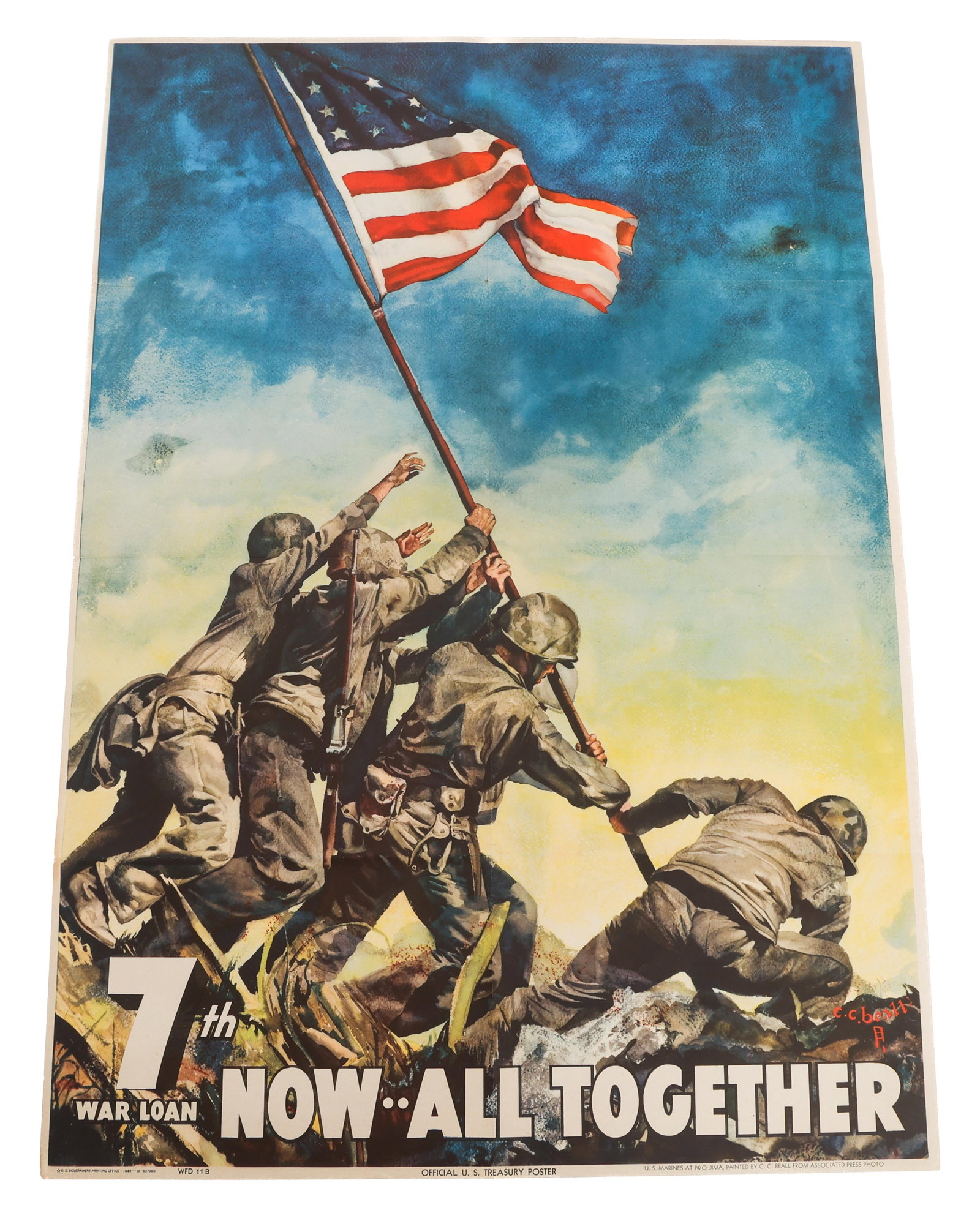 WWII US "7th WAR LOAN NOW ALL TOGETHER" POSTER: WWII US "7th WAR LOAN NOW ALL TOGETHER" POSTER WWII US "7th War Loan Now All Together" Poster. Published by U.S. Government Printing Office, dated 1945. Poster has no backing. Size: 26" x 37"