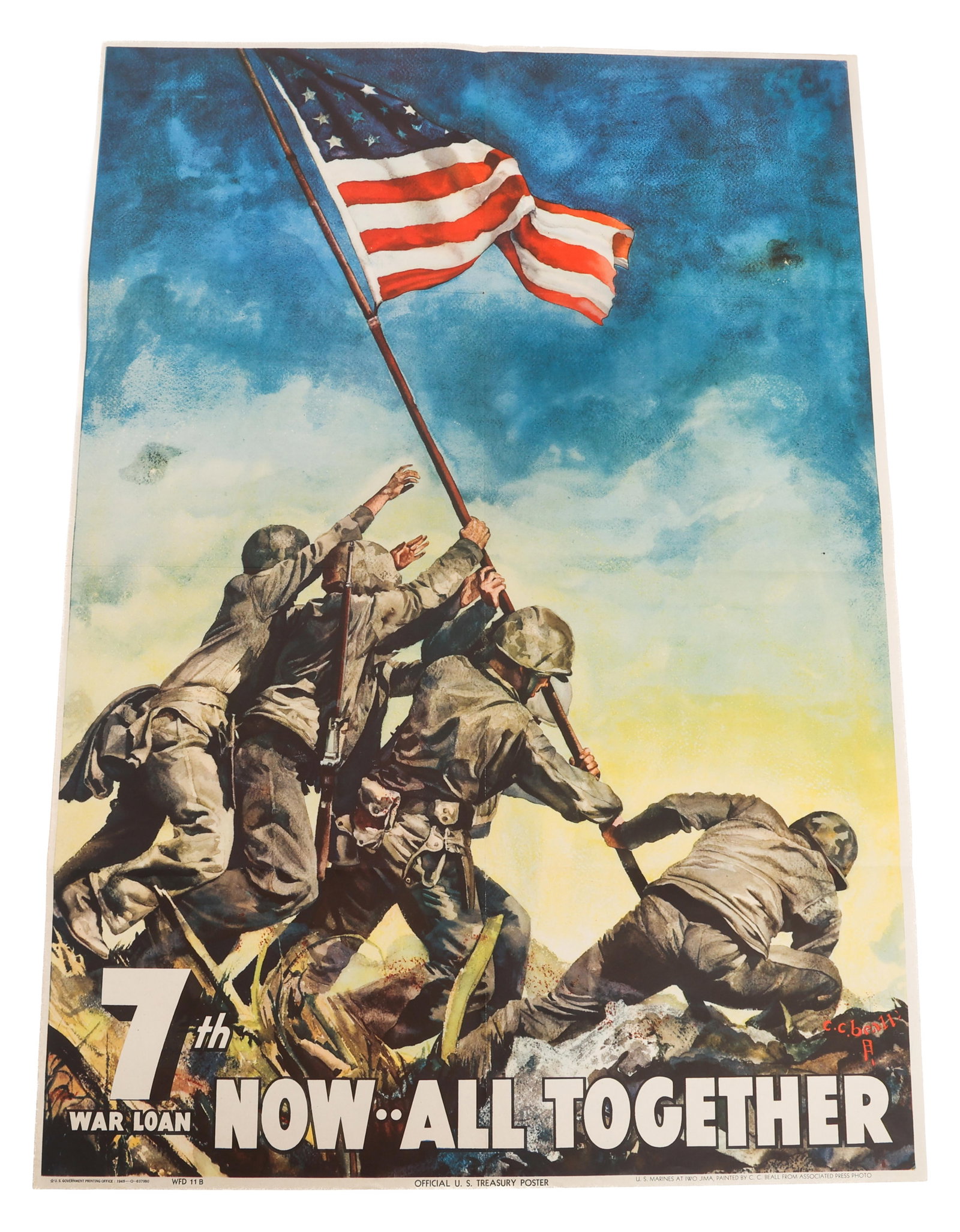 WWII US "7th WAR LOAN NOW ALL TOGETHER" POSTER: WWII US "7th WAR LOAN NOW ALL TOGETHER" POSTER WWII US "7th War Loan Now All Together" Poster. Published by U.S. Government Printing Office, dated 1945. Poster has no backing. Size: 26" x 37"