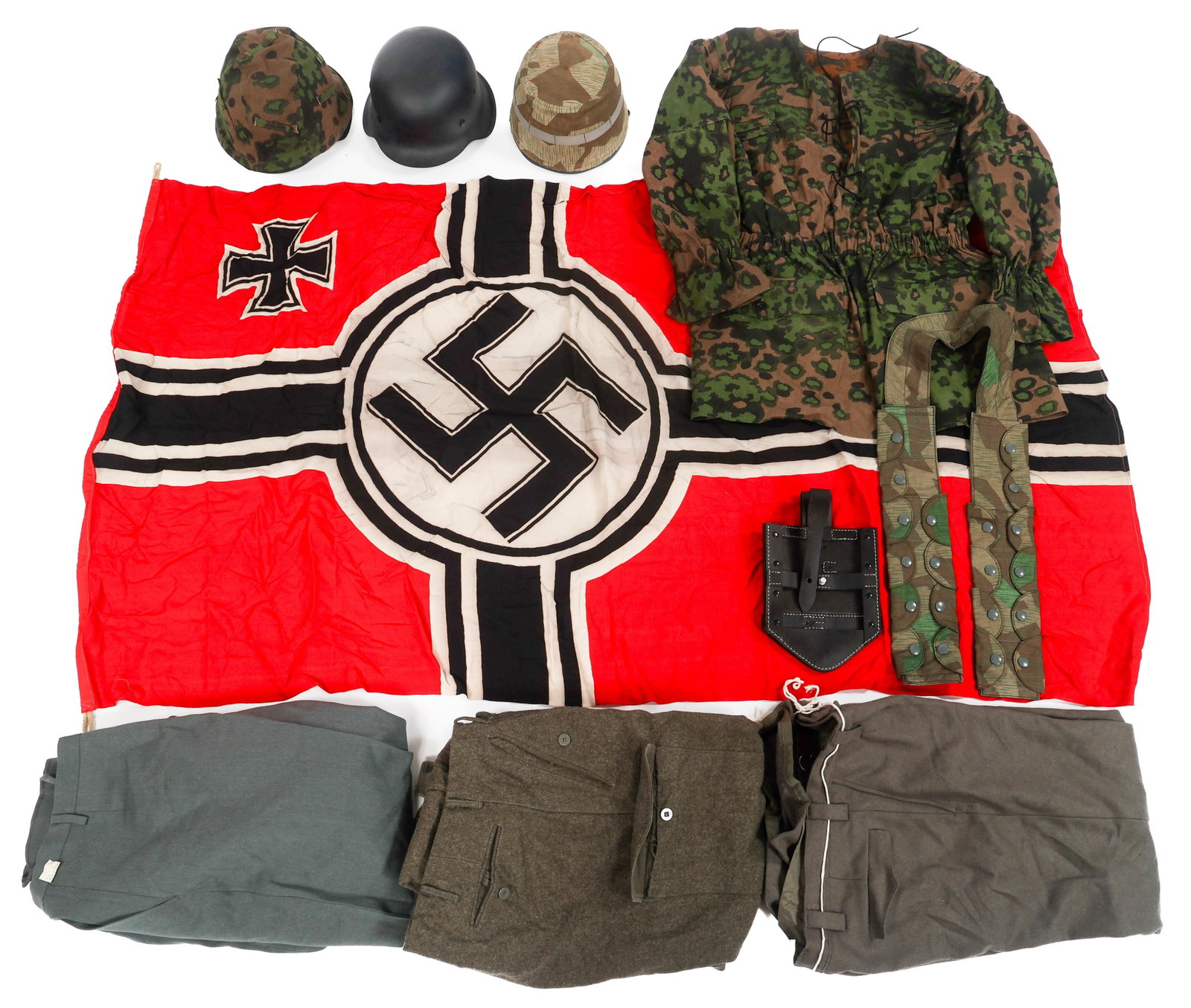 REENACTOR WWII GERMAN HELMETS AND FIELD GEAR: REENACTOR WWII GERMAN HELMETS AND FIELD GEAR Reenactor WWII German SS and Fallschirmjager Helmets and Field Gear. (3) Reenactor M42 and M38 helmets with two reversible covers. Complete leather liners 