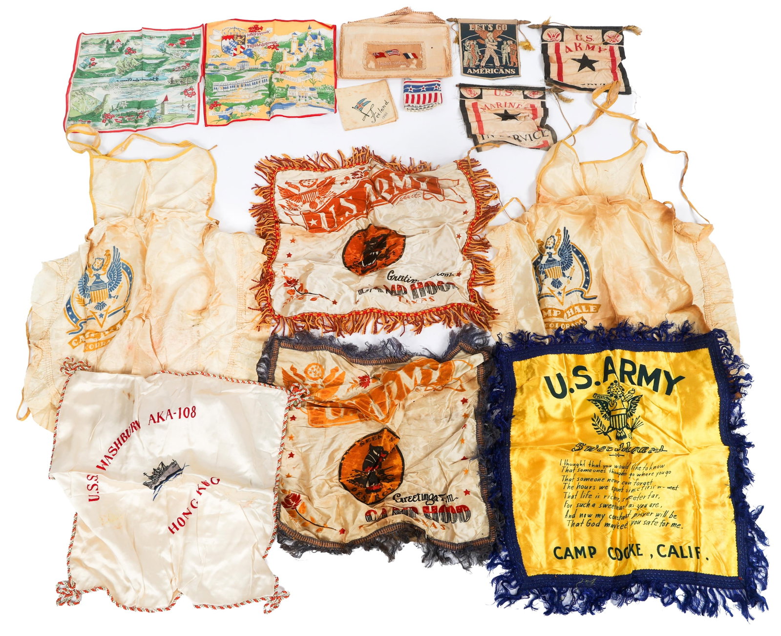 WWII US SWEETHEART SHAMS, PENNANTS & HANDKERCHIEFS: WWII US SWEETHEART SHAMS, PENNANTS & HANDKERCHIEFS WWII US Sweetheart Pillow Shams, Pennants and Handkerchiefs. Various stations, occupation countries and units.